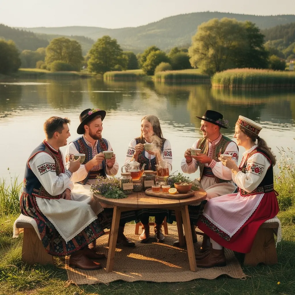 Tradičné slovenské čajové šálky s jemným vzorom a parou stúpajúcou z čaju.