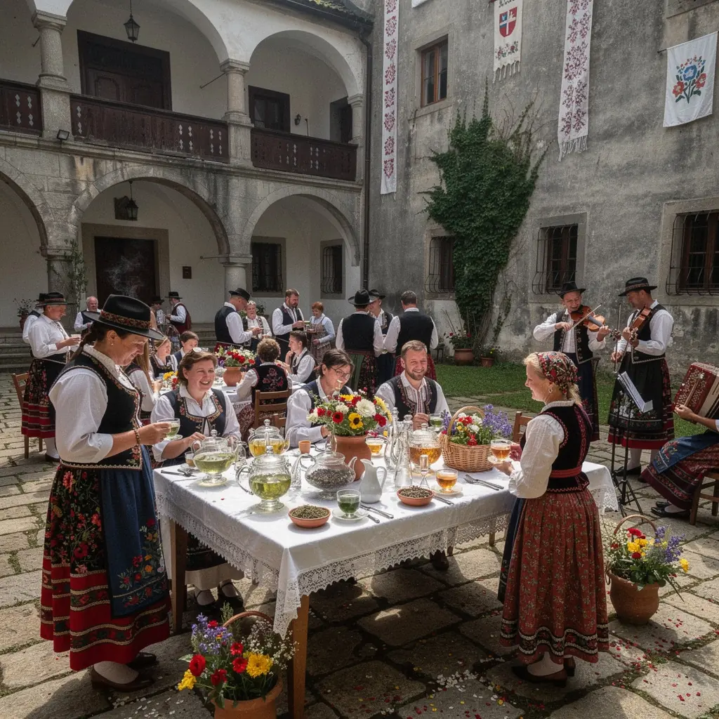 Slovenský čajový obrad s rodinou, ktorá si vychutnáva aromatický nápoj.