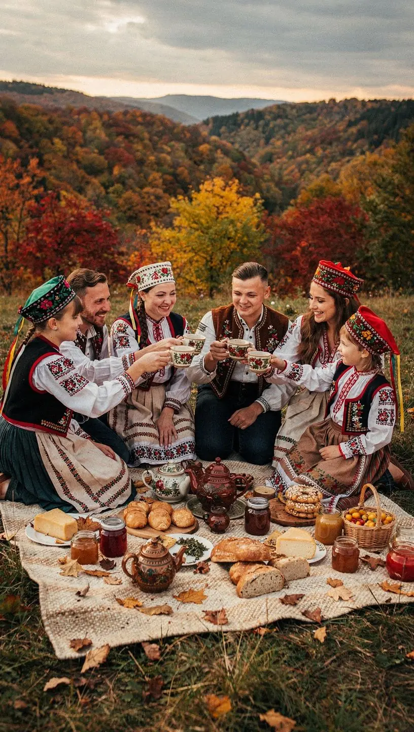 Rodina užívajúca si čajový čas v záhrade obklopenej voňavými bylinkami.