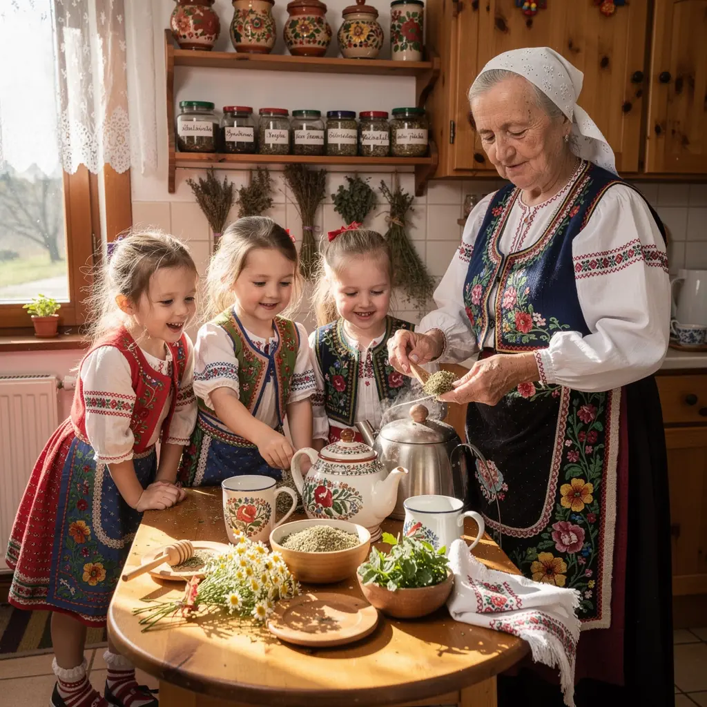 Pohár tradičného bylinkového čaju s čerstvými bylinkami na drevenom stole.