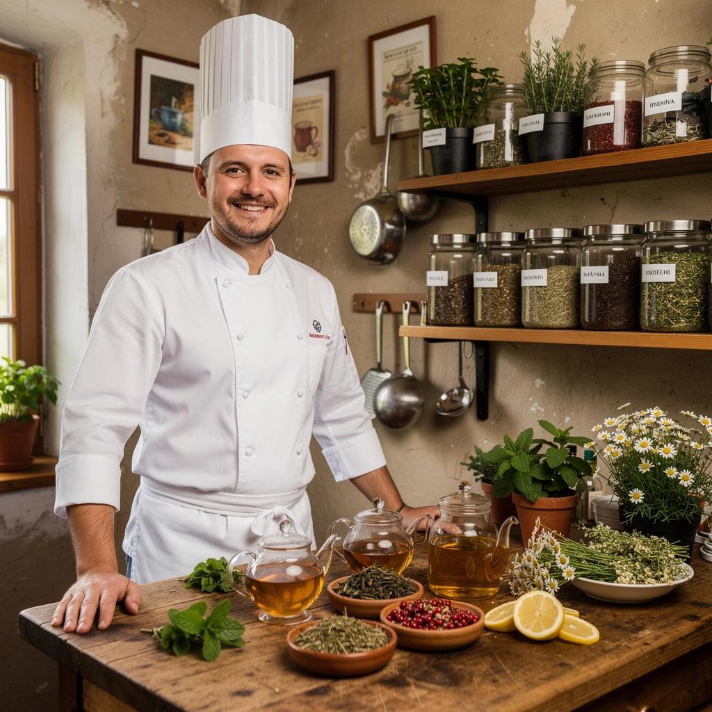 Zelený čaj podávaný v tradičnej slovenskej keramike s bylinkami okolo.