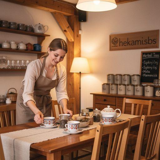 Skupina priateľov vychutnávajúca si popoludňajší čaj v malebnej slovenskej krajine.